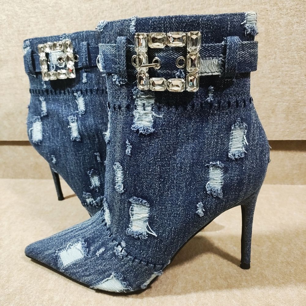 Mata Denim Rhinestone Buckle Ankle Heel Boots -C